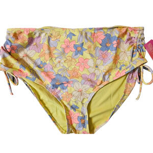 Ninety-Nine Womens Yellow Floral High Waist Bottoms Swimsuit Side Ruched Size 2X